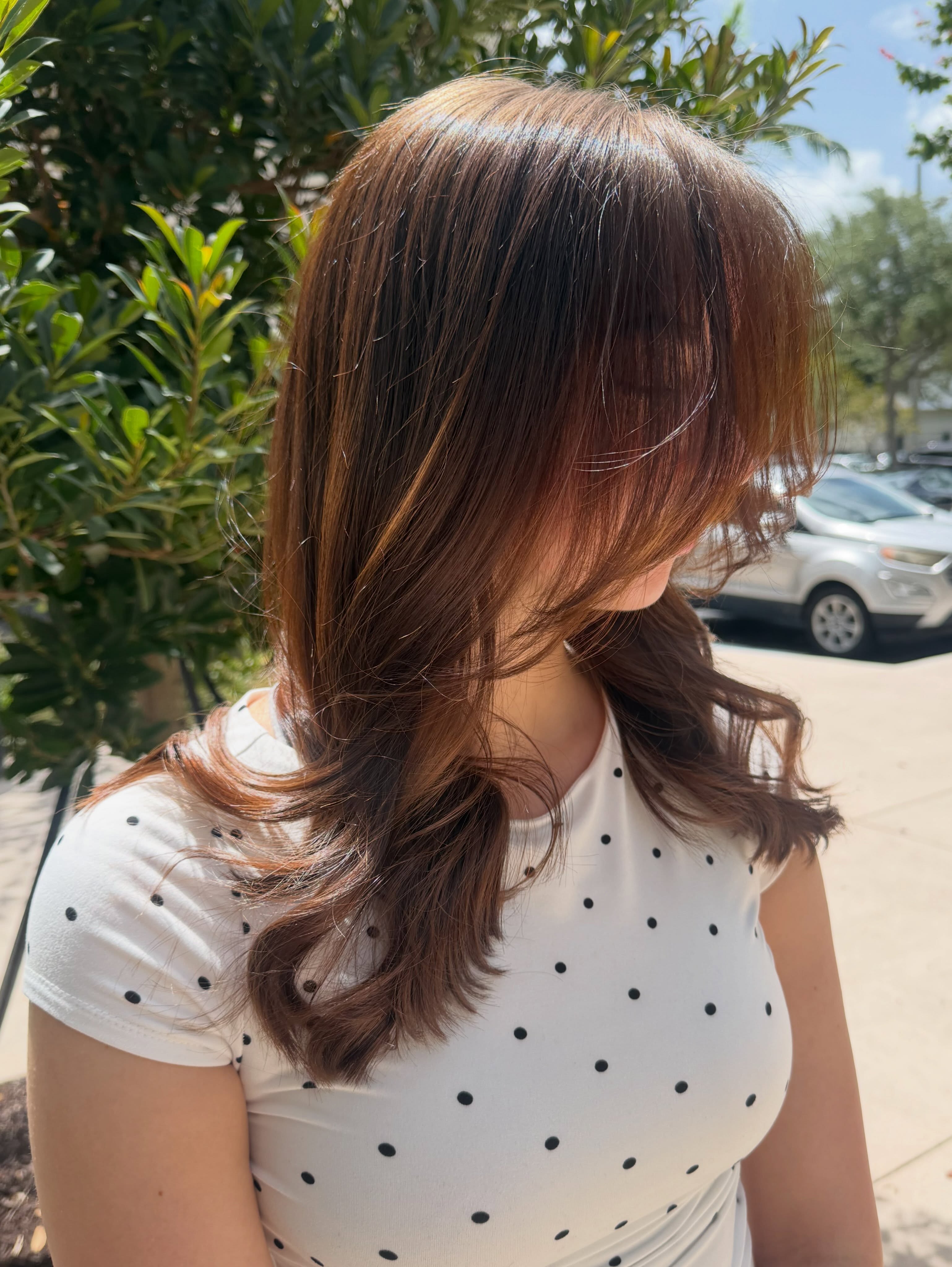 Smooth, glossy face-framing layers in soft brunette after a Hair Botox treatment