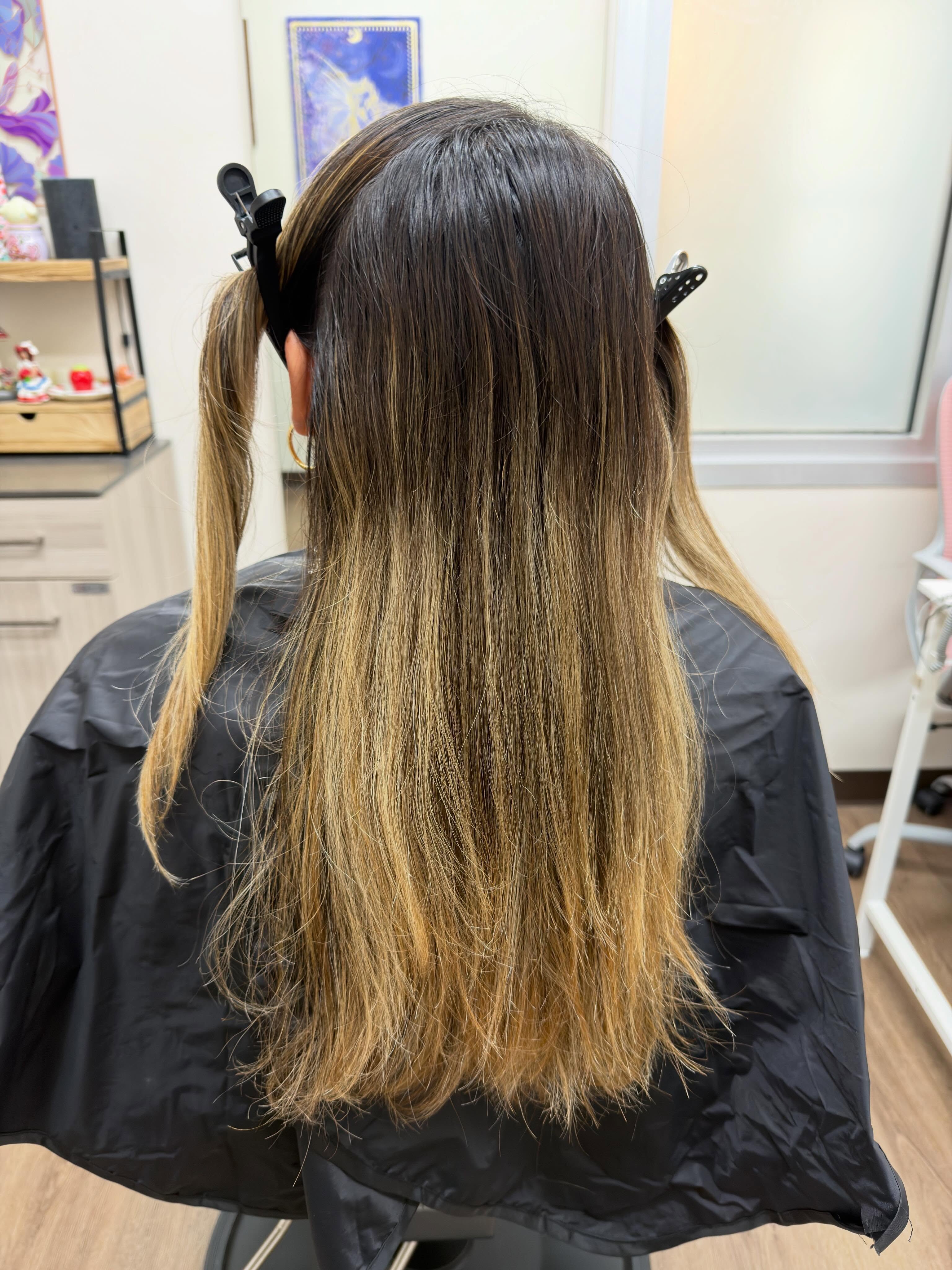 Before: grown-out blonde with brassy ends